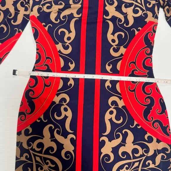 Cache Bodycon Sheath Dress Baroque Navy Red Women’s Medium Boat Neck Geometric - Picture 11 of 16